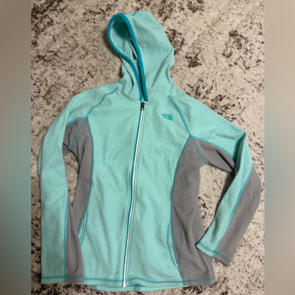 Girls Xl 18 North Face Aqua And Gray Fleece Hooded Lightweight Jacket